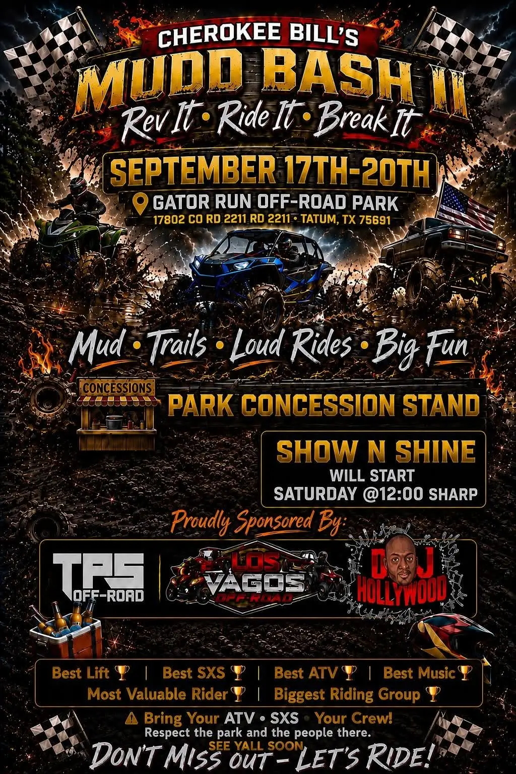 Cherokee Bill’s Mudd Bash at Alligator Run Offroad Park, September 17–20, 2026